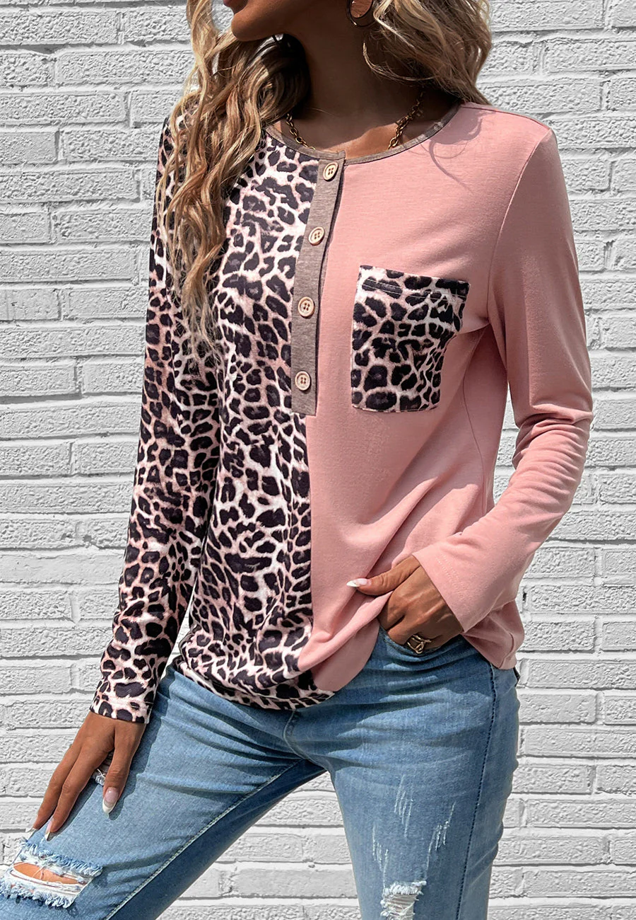 Two Tone Leopard Henley Top - Image 6