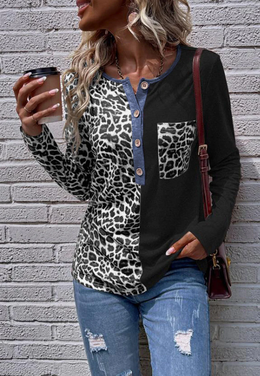 Two Tone Leopard Henley Top - Image 8