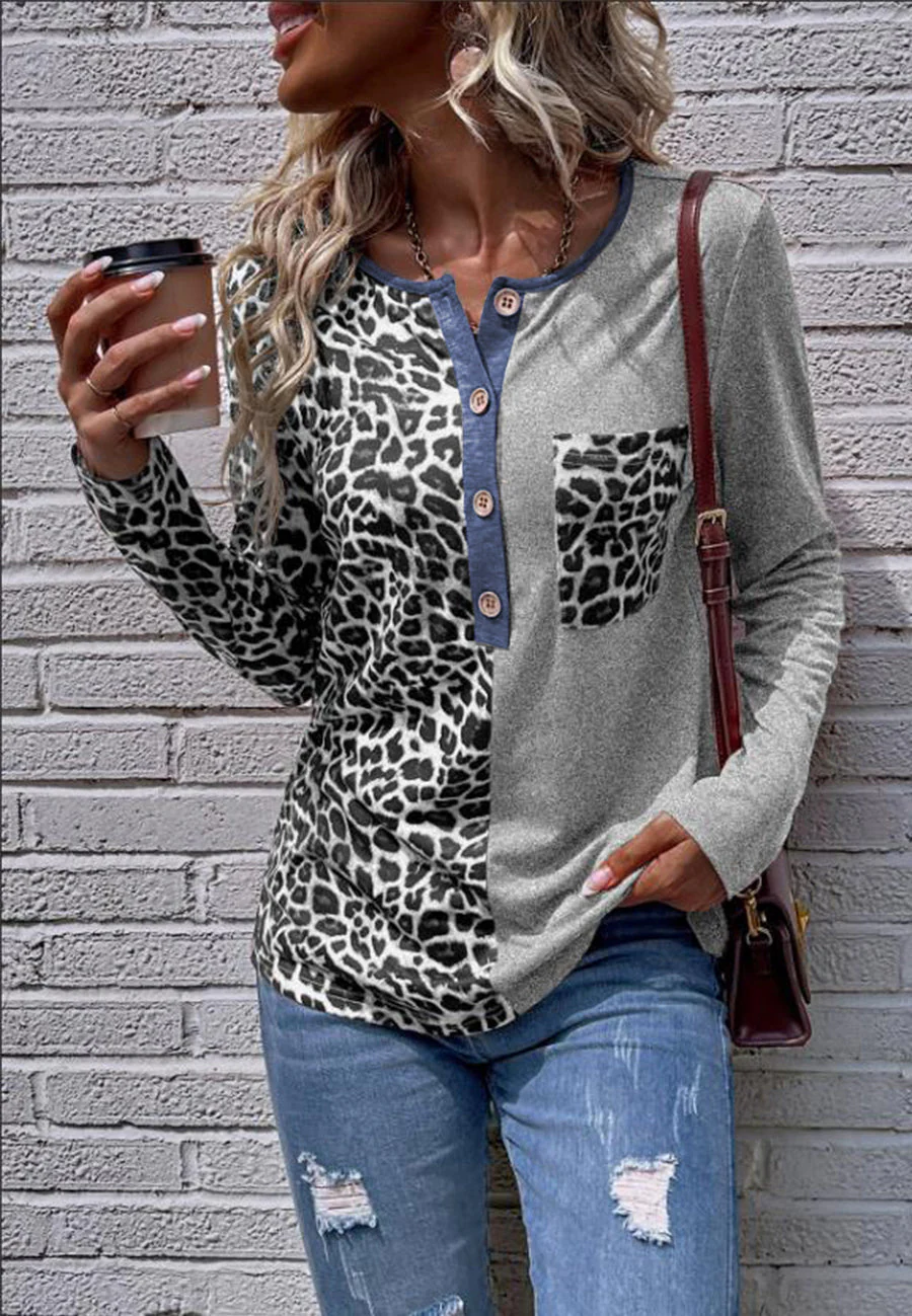 Two Tone Leopard Henley Top - Image 9