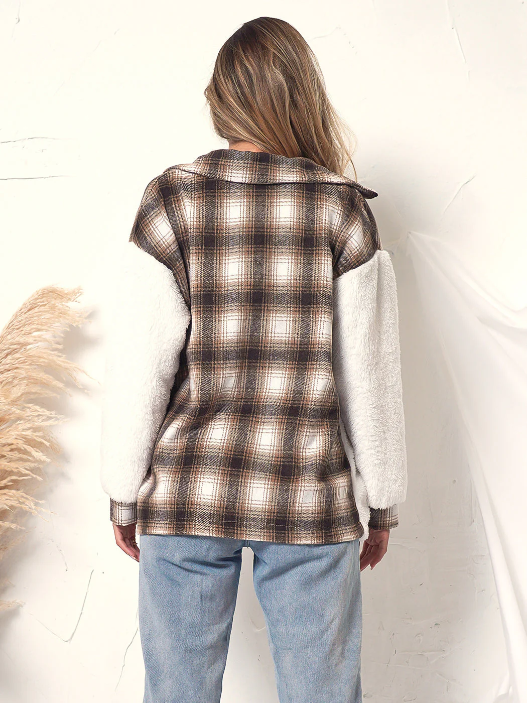 Two Tone Plaid Fuzzy Flannel Shirt - Image 2