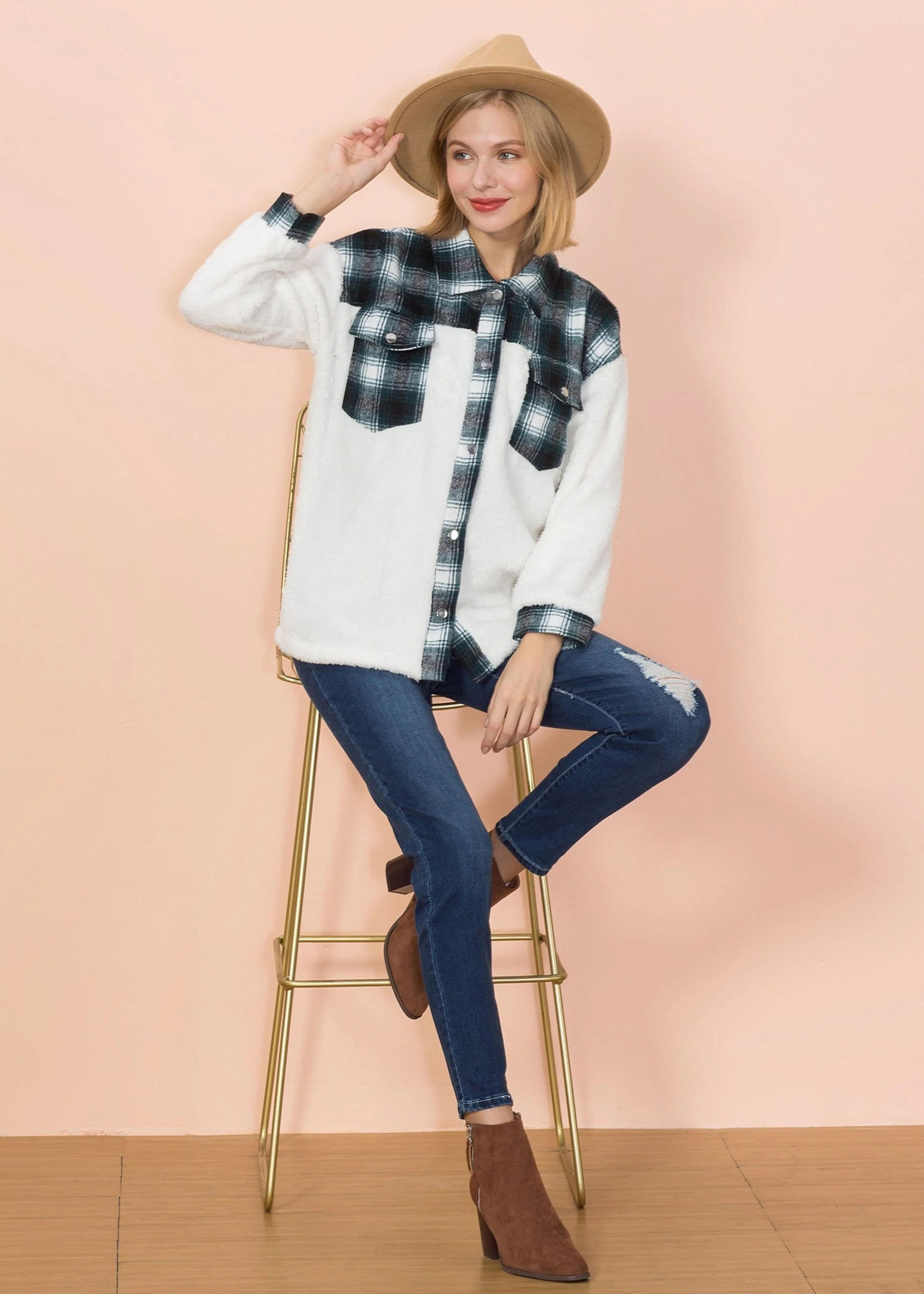 Two Tone Plaid Fuzzy Flannel Shirt - Image 7