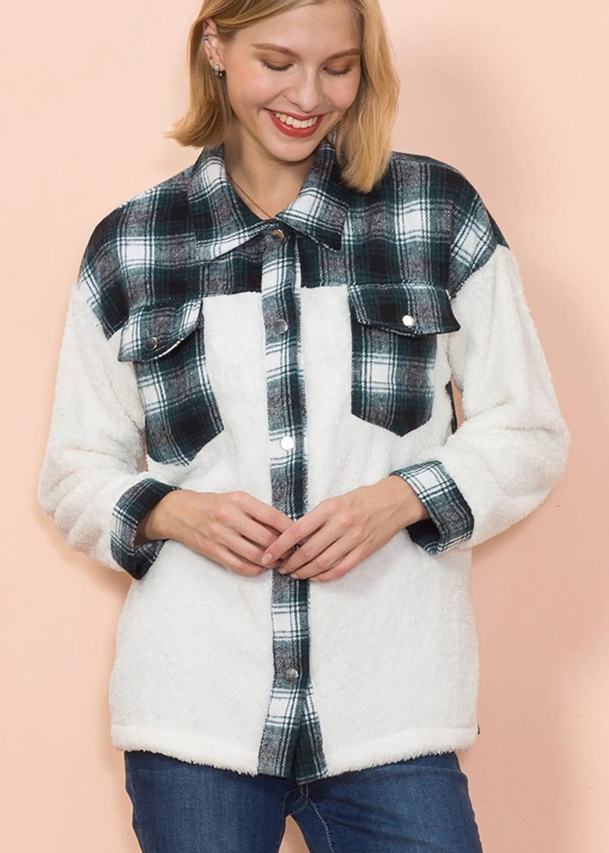 Two Tone Plaid Fuzzy Flannel Shirt - Image 8