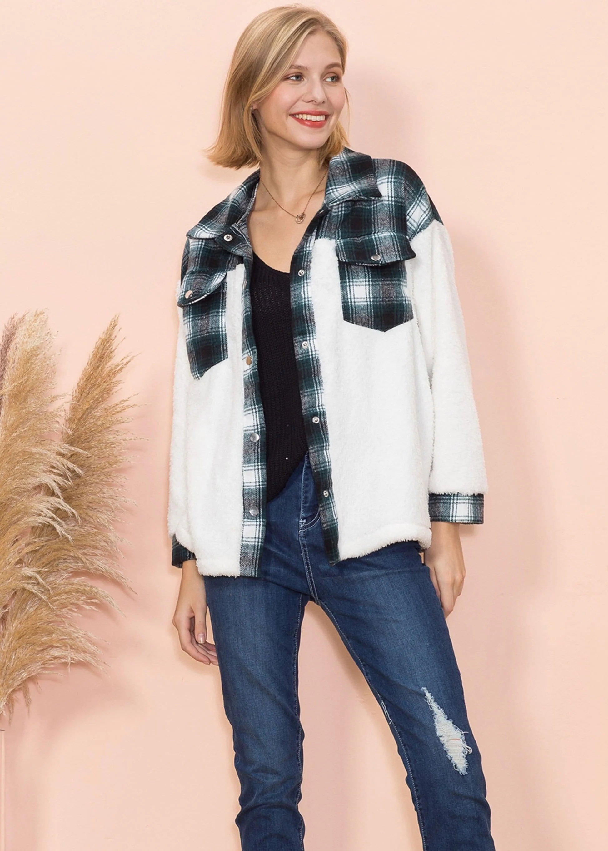 Two Tone Plaid Fuzzy Flannel Shirt - Image 9