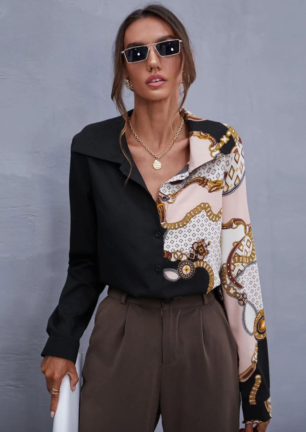 Two Tone Scarf Print Blouse - Image 2