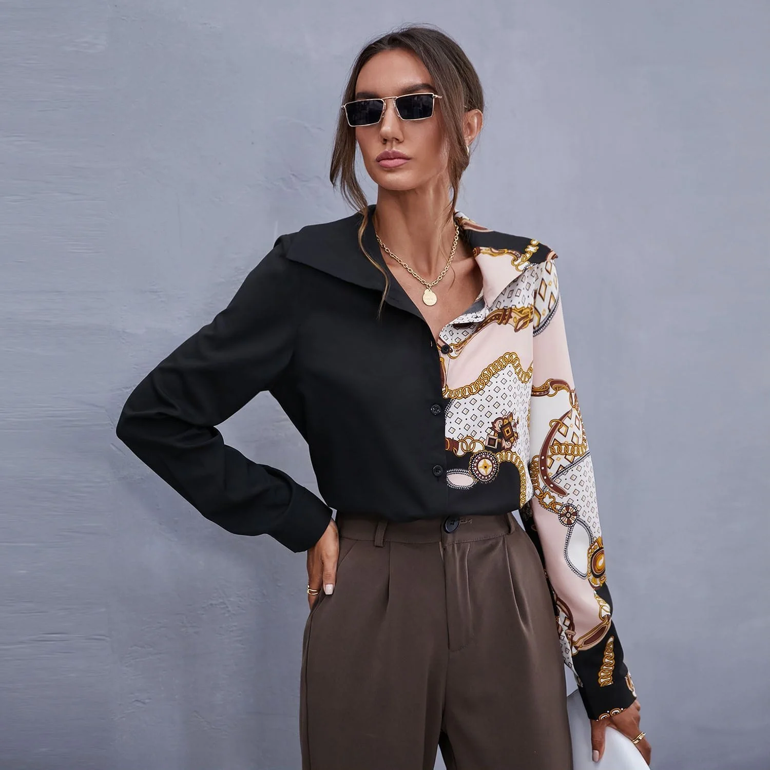 Two Tone Scarf Print Blouse - Image 4