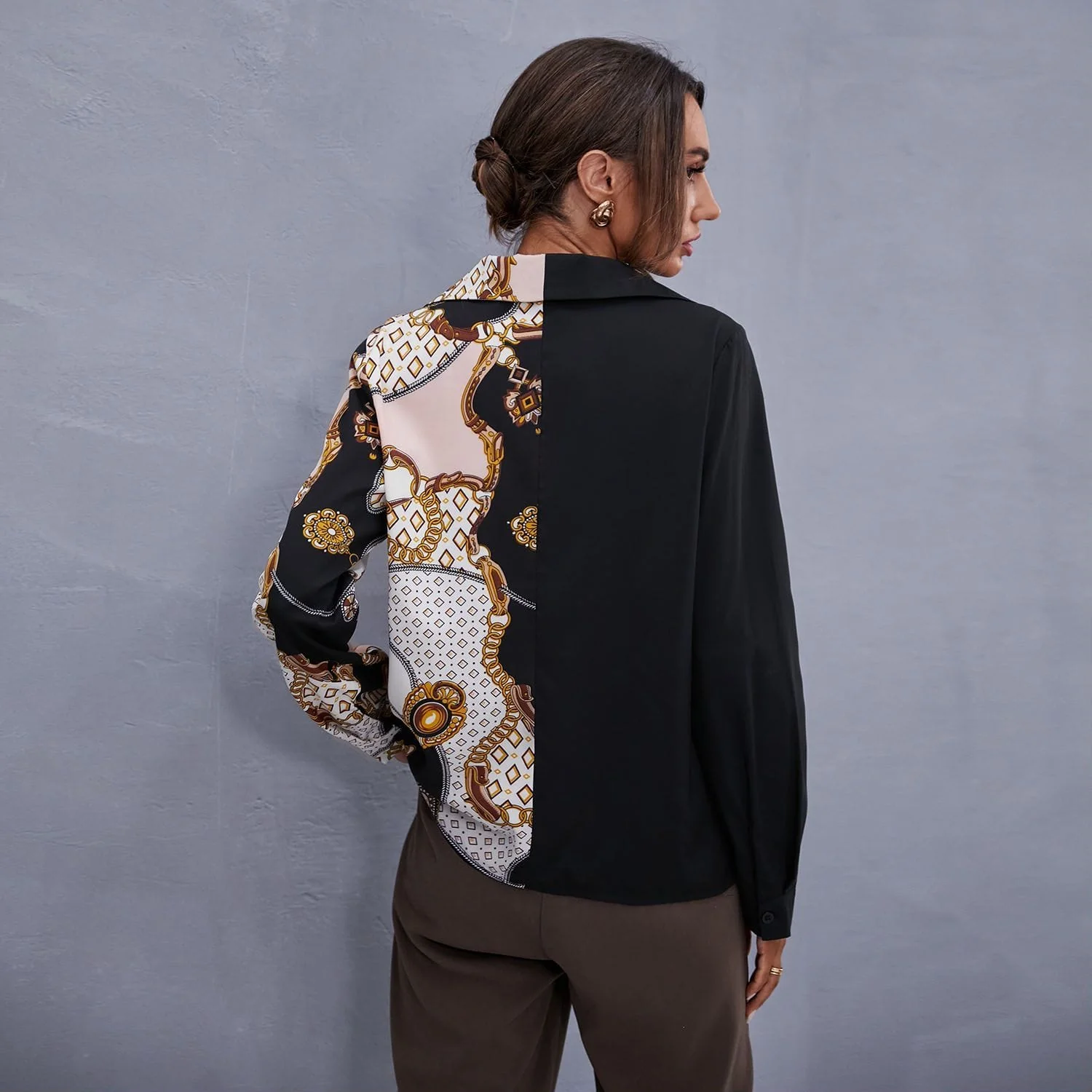 Two Tone Scarf Print Blouse - Image 5