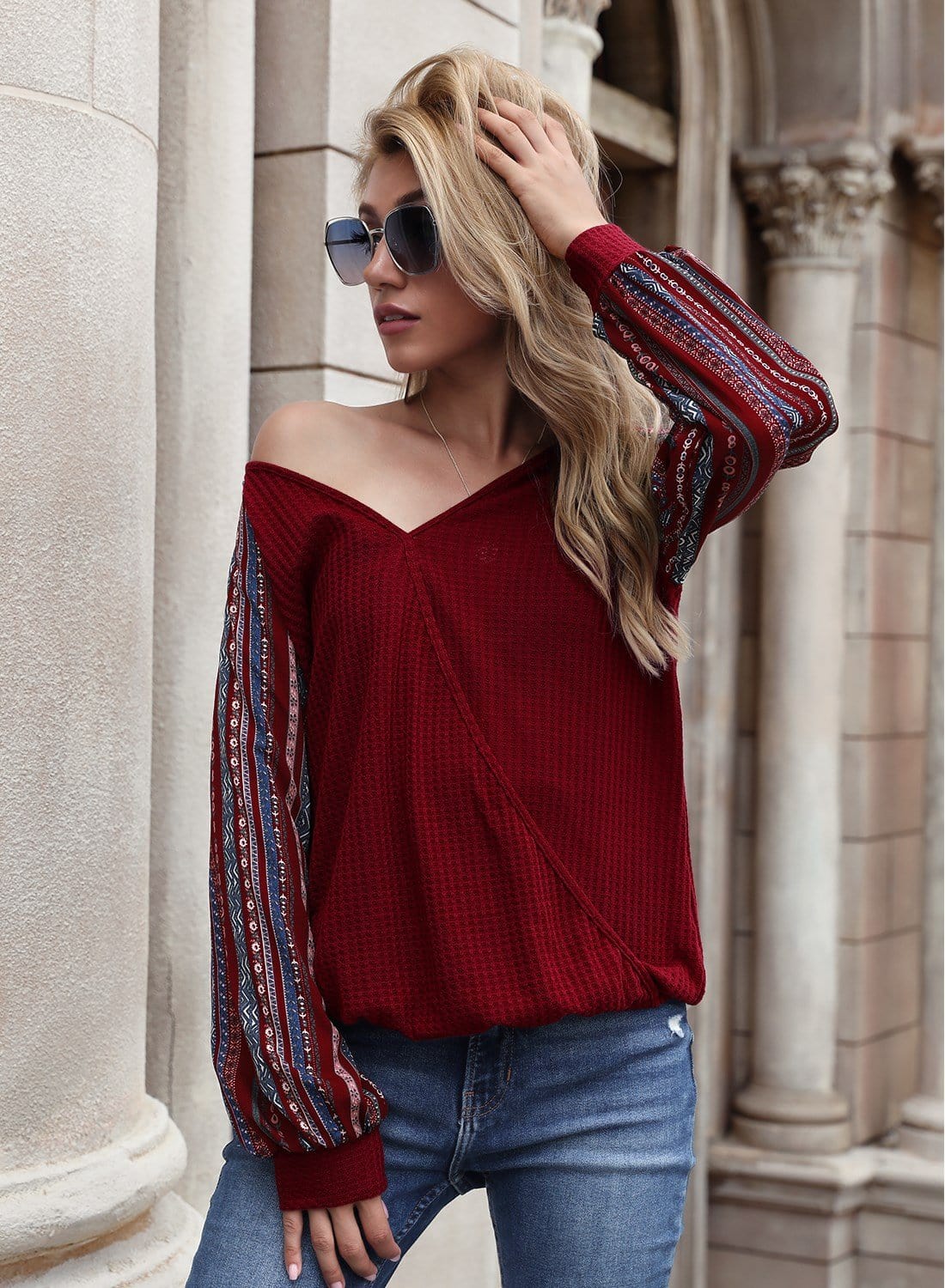Two Tone Surplice V Neck Sweater - Image 2