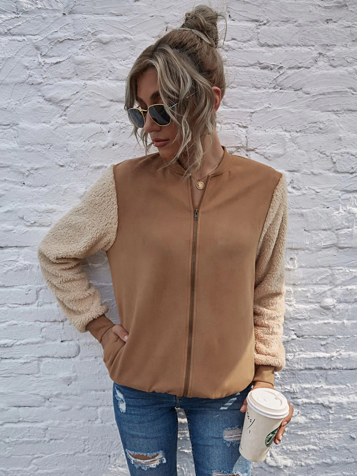 Two Tone Teddy Sleeve Jacket - Image 3
