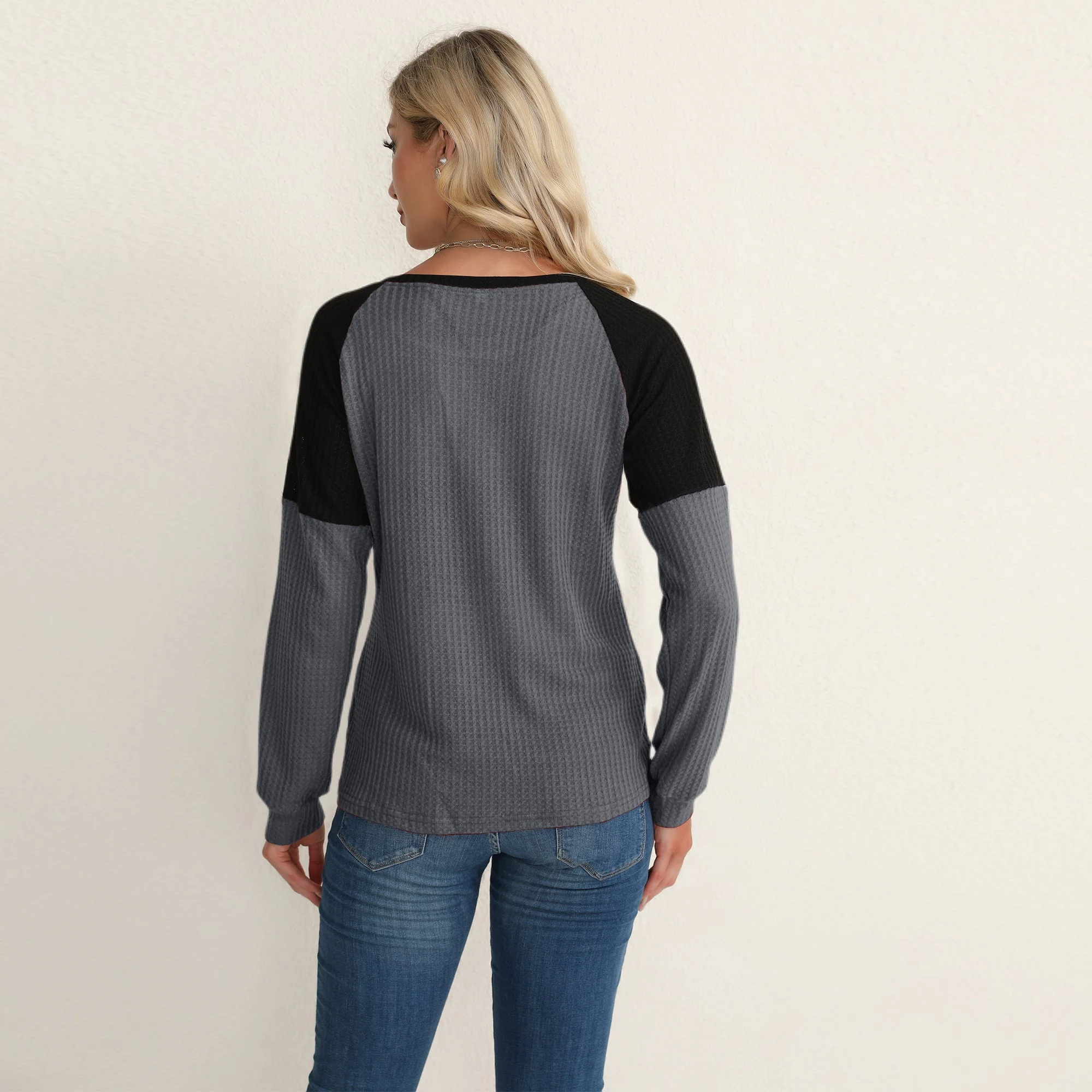 Two Tone Waffle Knit Crewneck Sweater - Image 10
