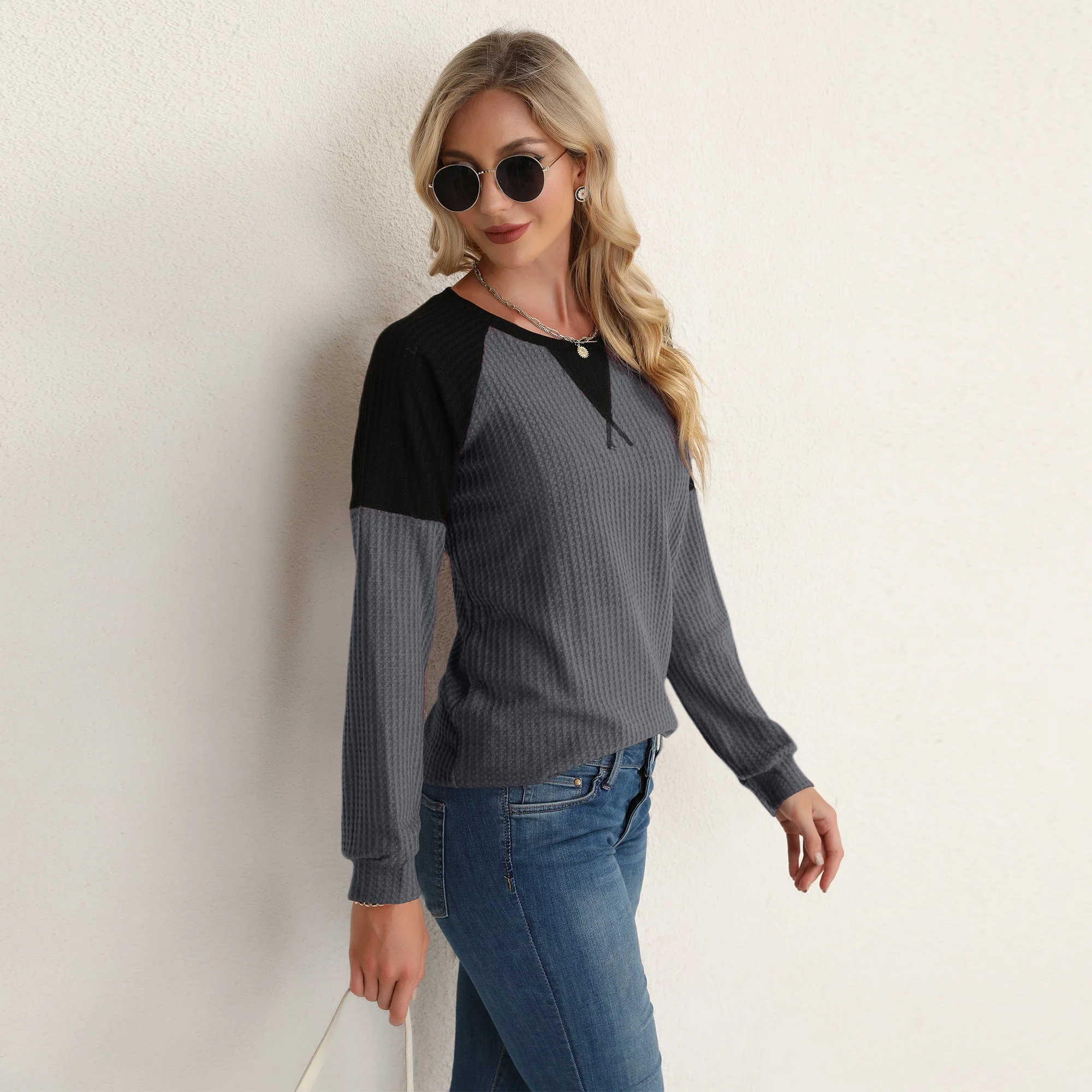 Two Tone Waffle Knit Crewneck Sweater - Image 14