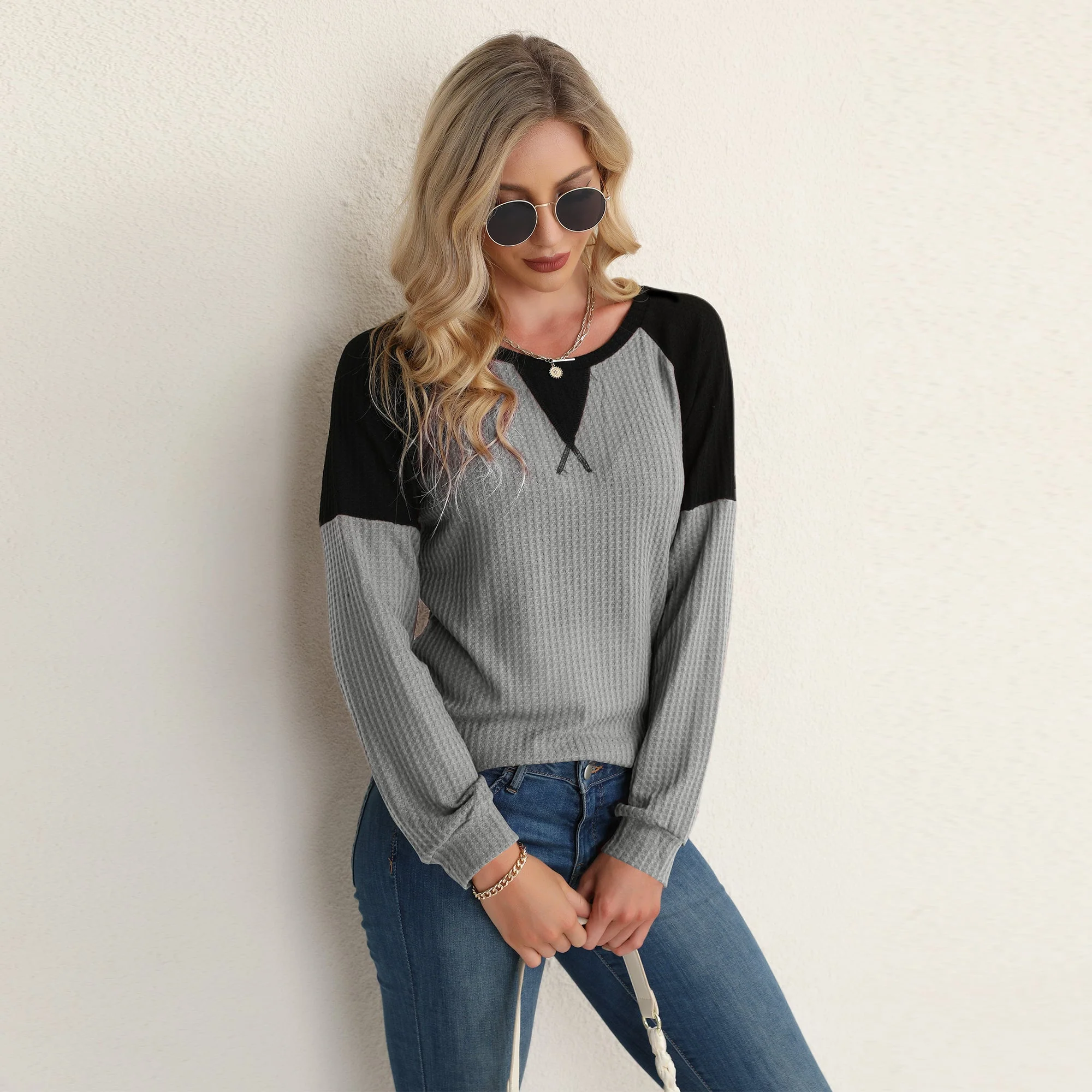 Two Tone Waffle Knit Crewneck Sweater - Image 16
