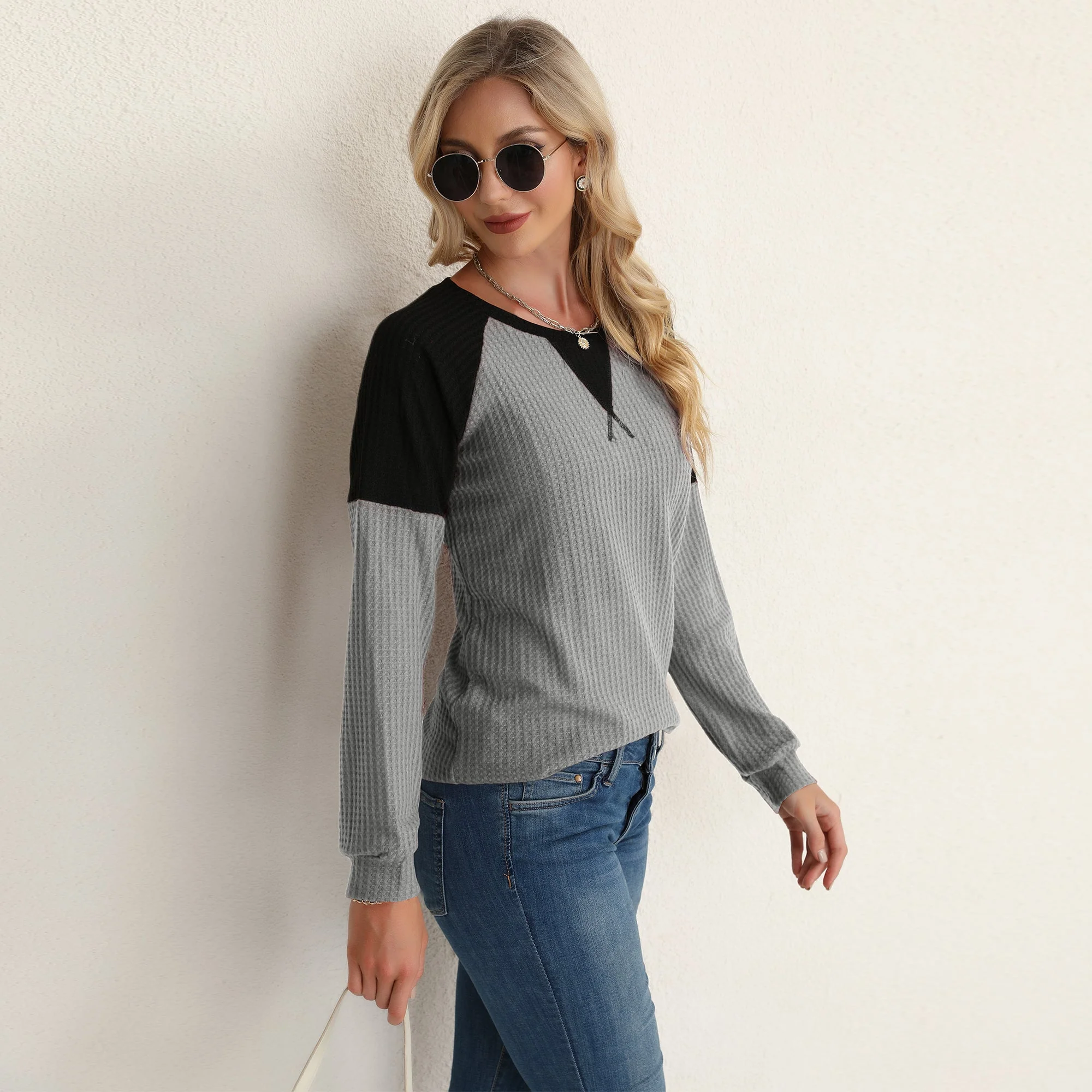 Two Tone Waffle Knit Crewneck Sweater - Image 19