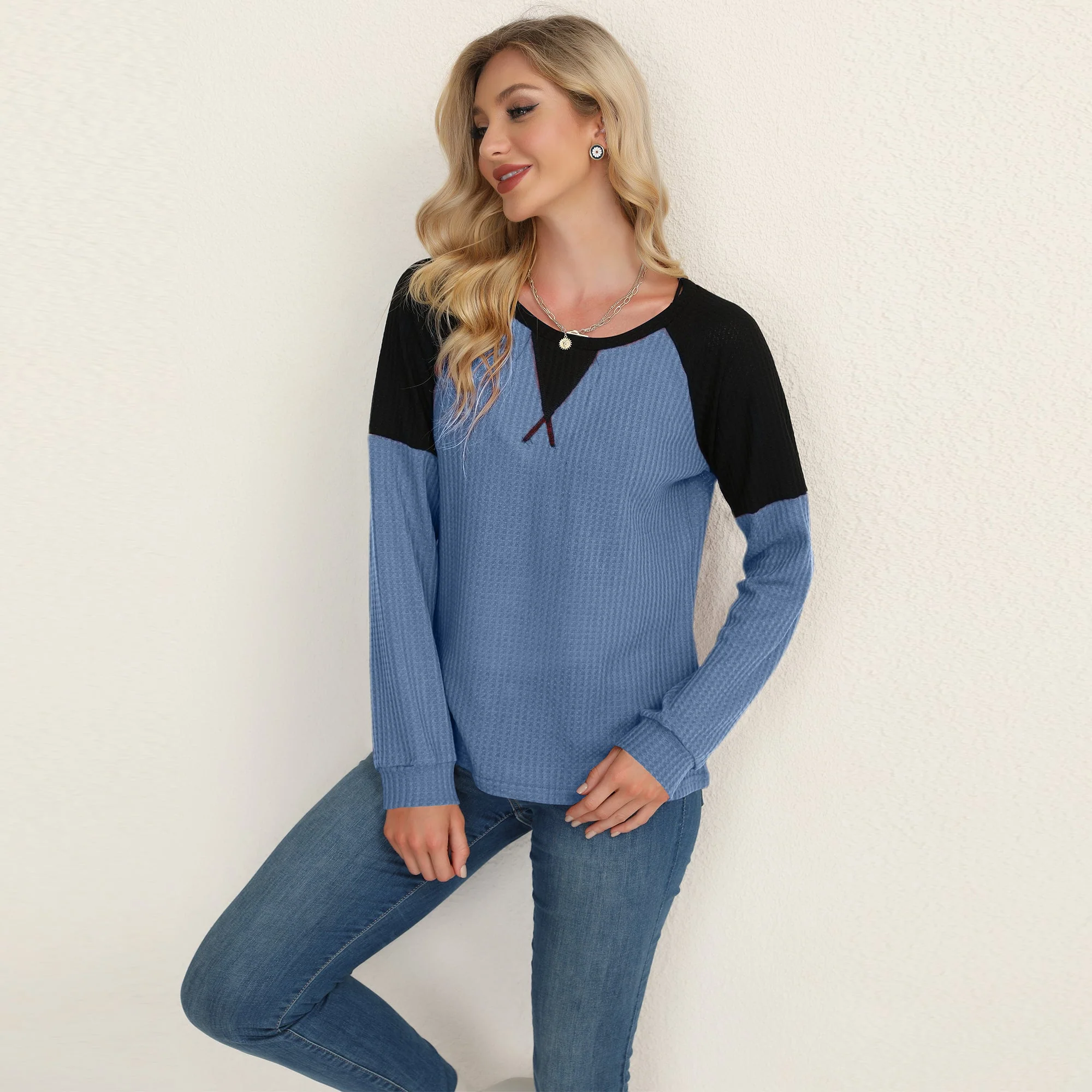 Two Tone Waffle Knit Crewneck Sweater - Image 2