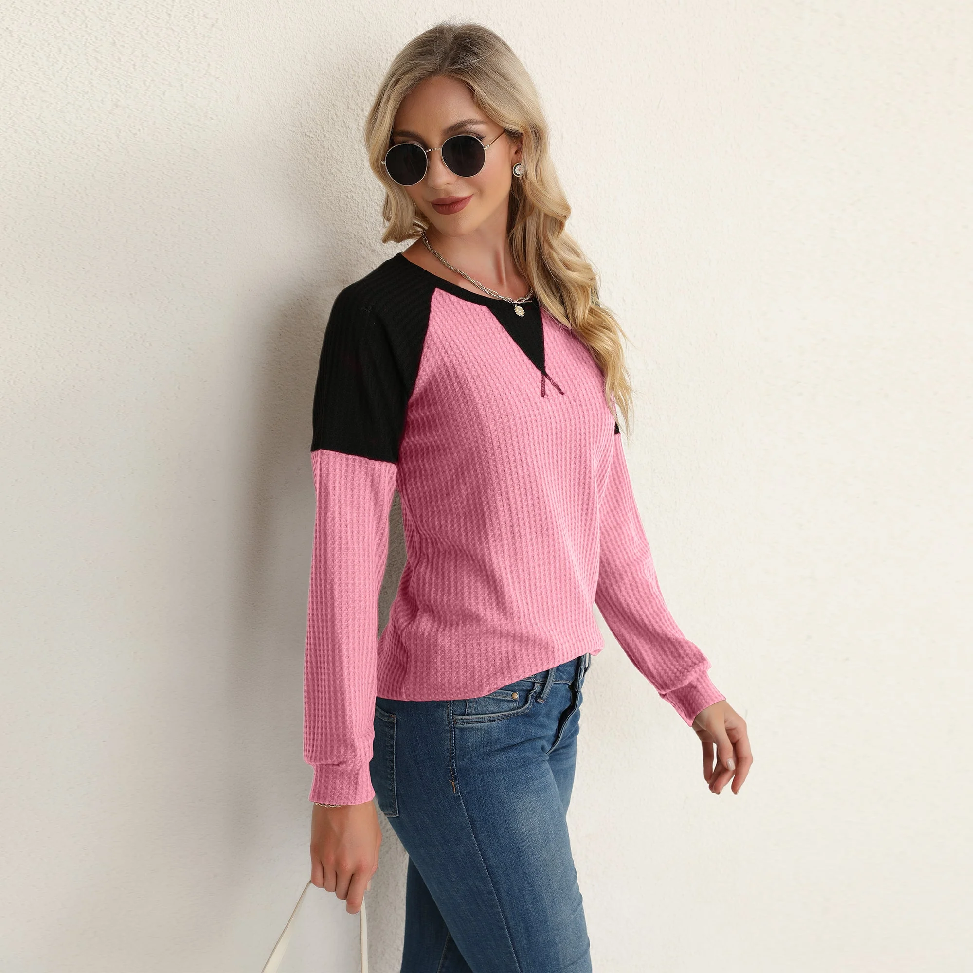 Two Tone Waffle Knit Crewneck Sweater - Image 23