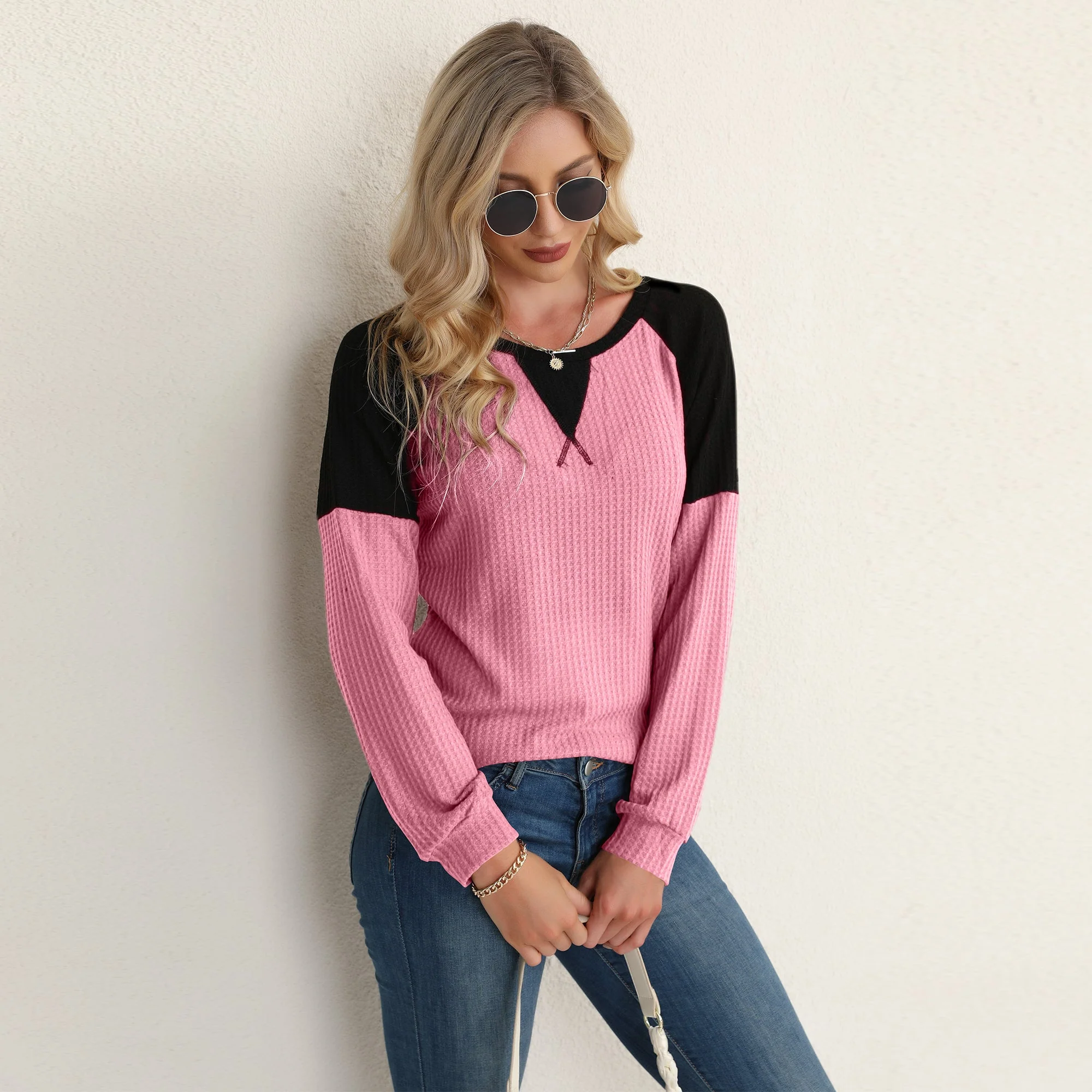 Two Tone Waffle Knit Crewneck Sweater - Image 24