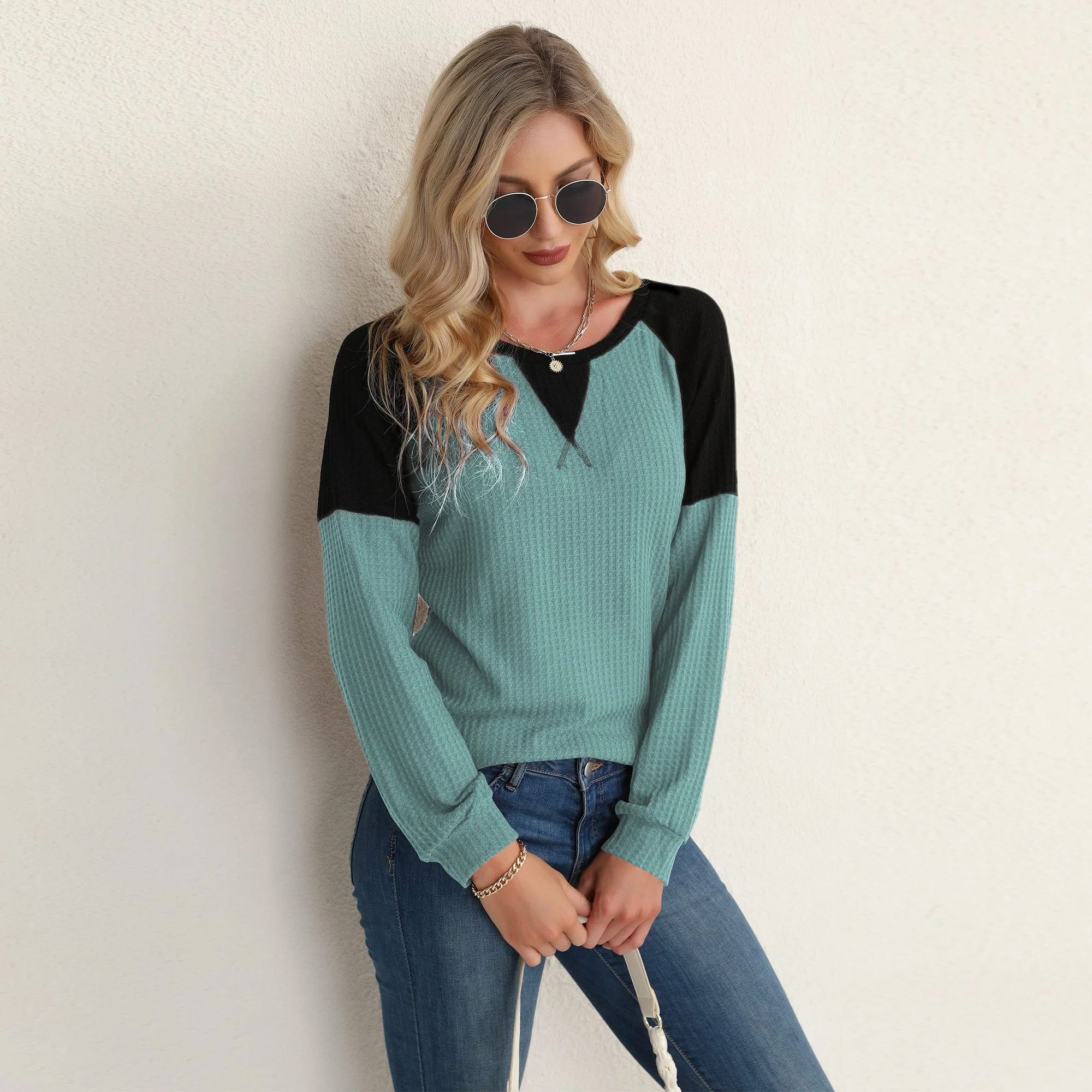 Two Tone Waffle Knit Crewneck Sweater - Image 29