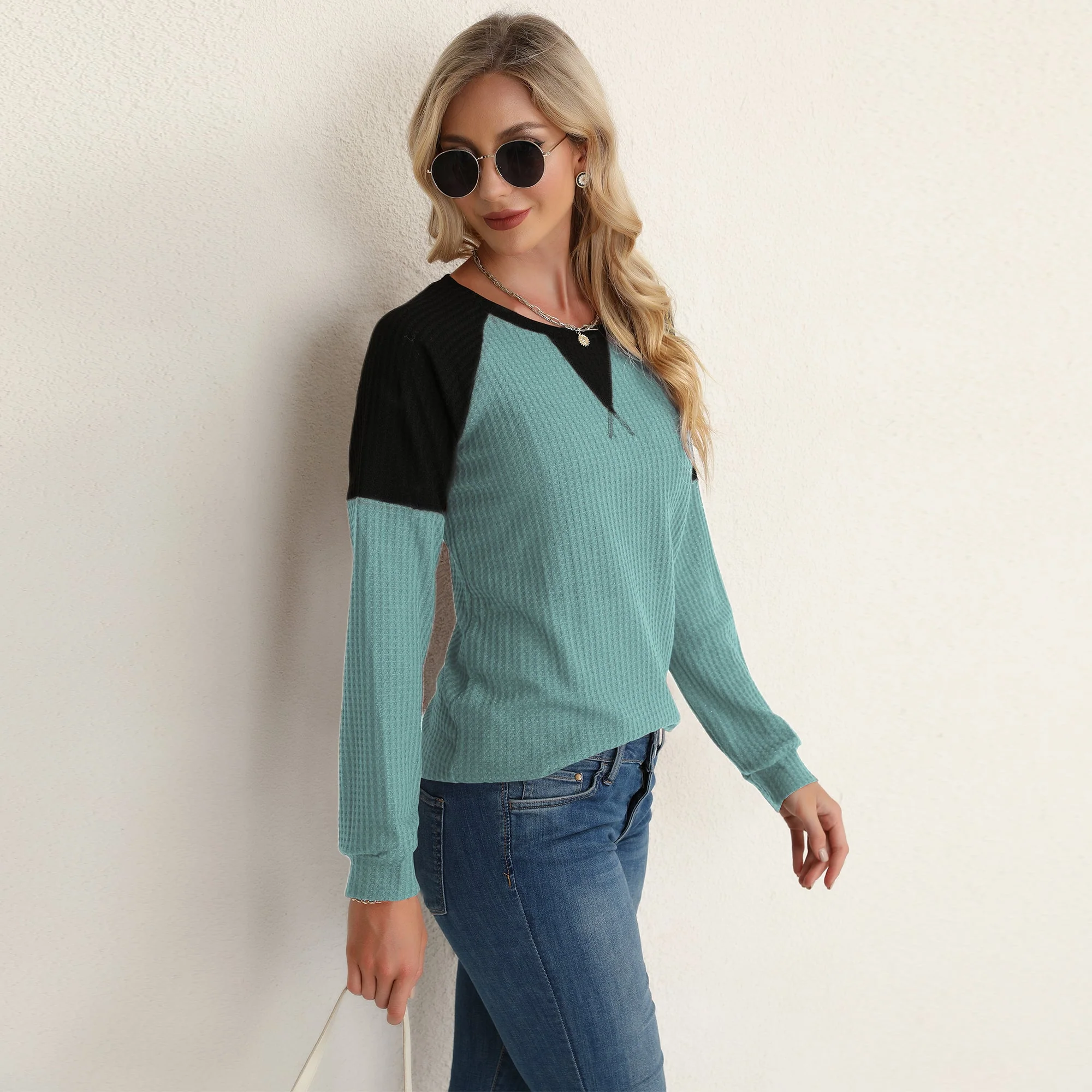 Two Tone Waffle Knit Crewneck Sweater - Image 30