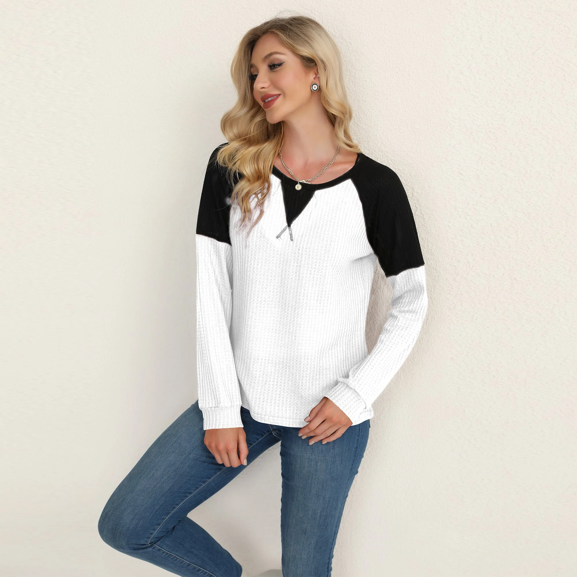 Two Tone Waffle Knit Crewneck Sweater - Image 34