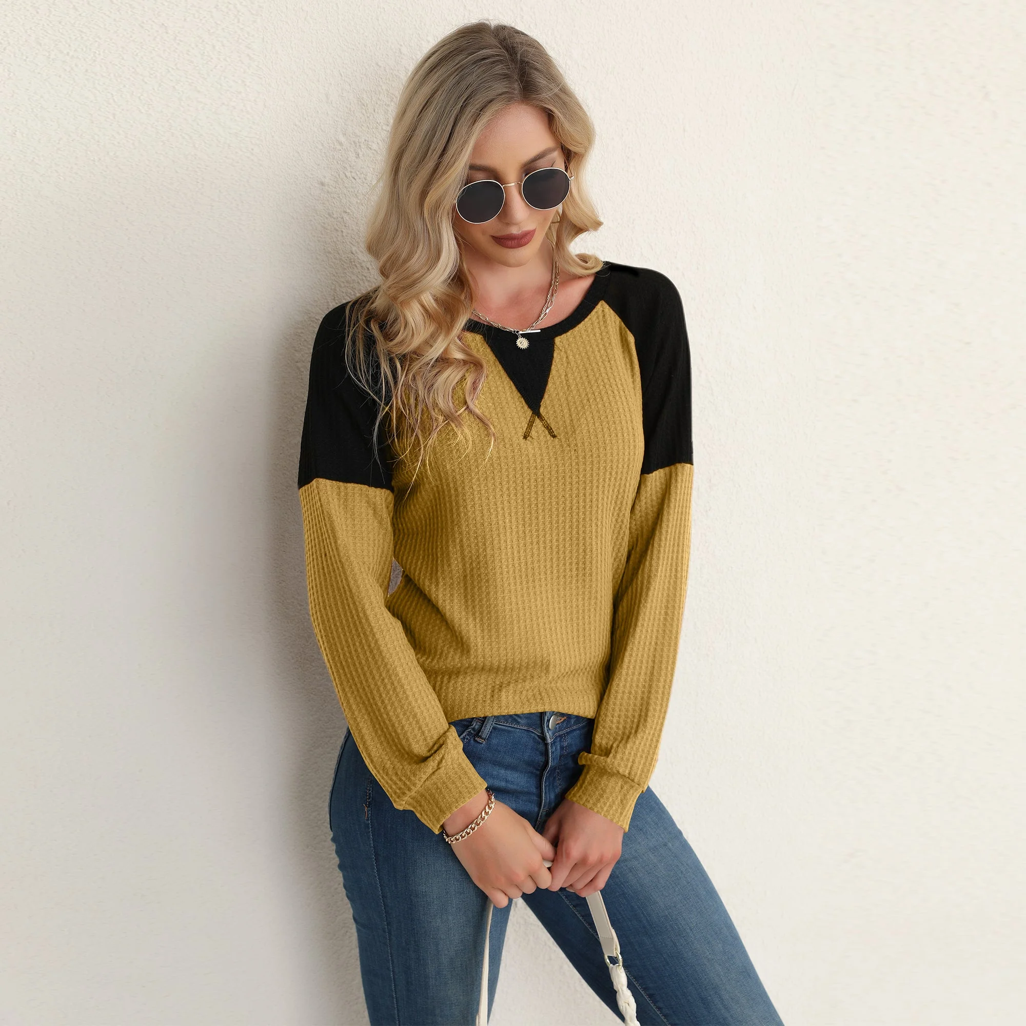 Two Tone Waffle Knit Crewneck Sweater - Image 38
