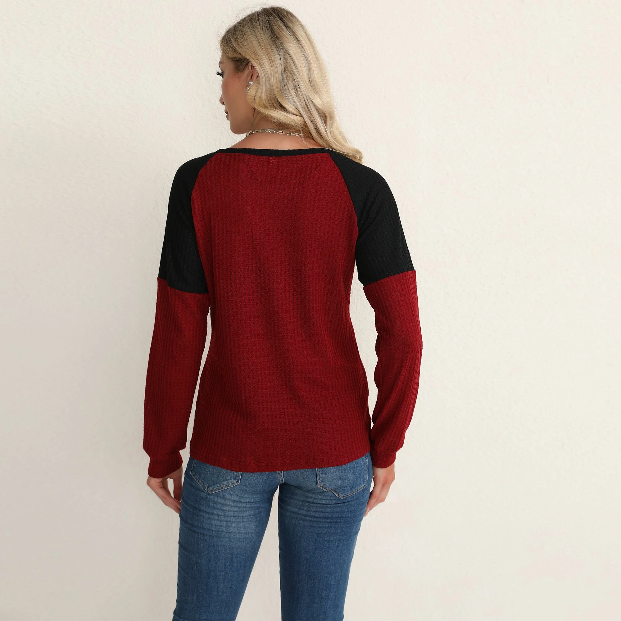Two Tone Waffle Knit Crewneck Sweater - Image 5