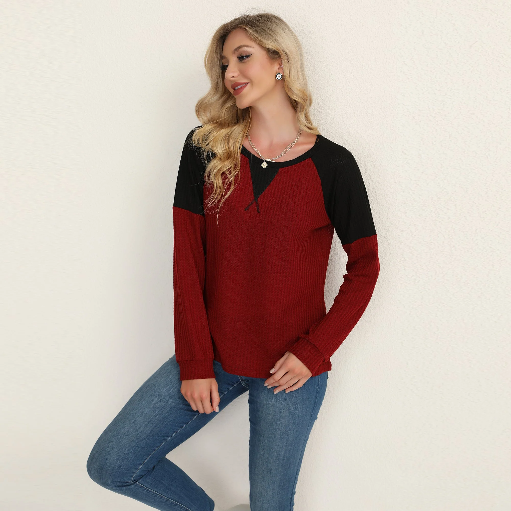 Two Tone Waffle Knit Crewneck Sweater - Image 7