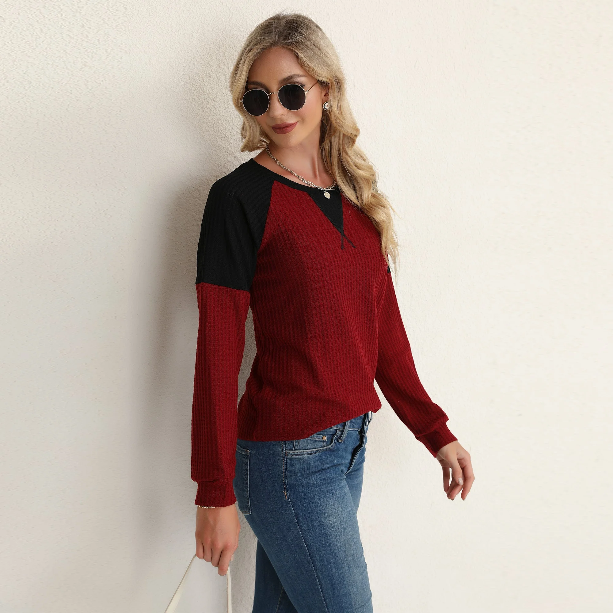 Two Tone Waffle Knit Crewneck Sweater - Image 9