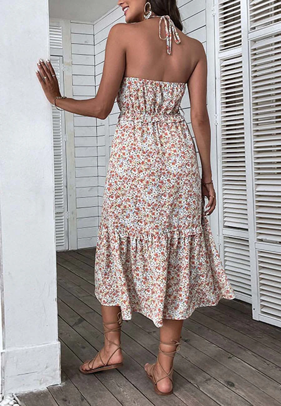V-Halter Smocked Waist Floral Dress - Image 3