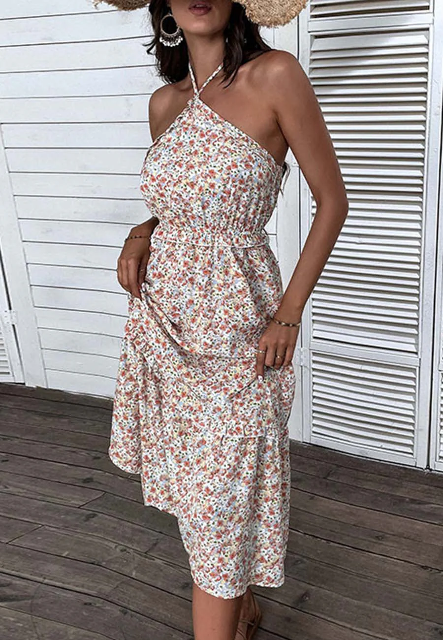 V-Halter Smocked Waist Floral Dress - Image 4
