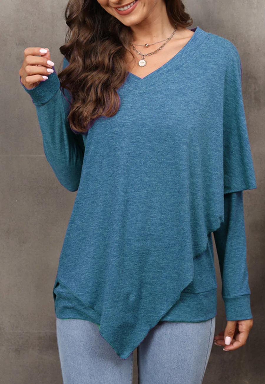 V Neck Asymmetrical Overlap Sweater - Image 2