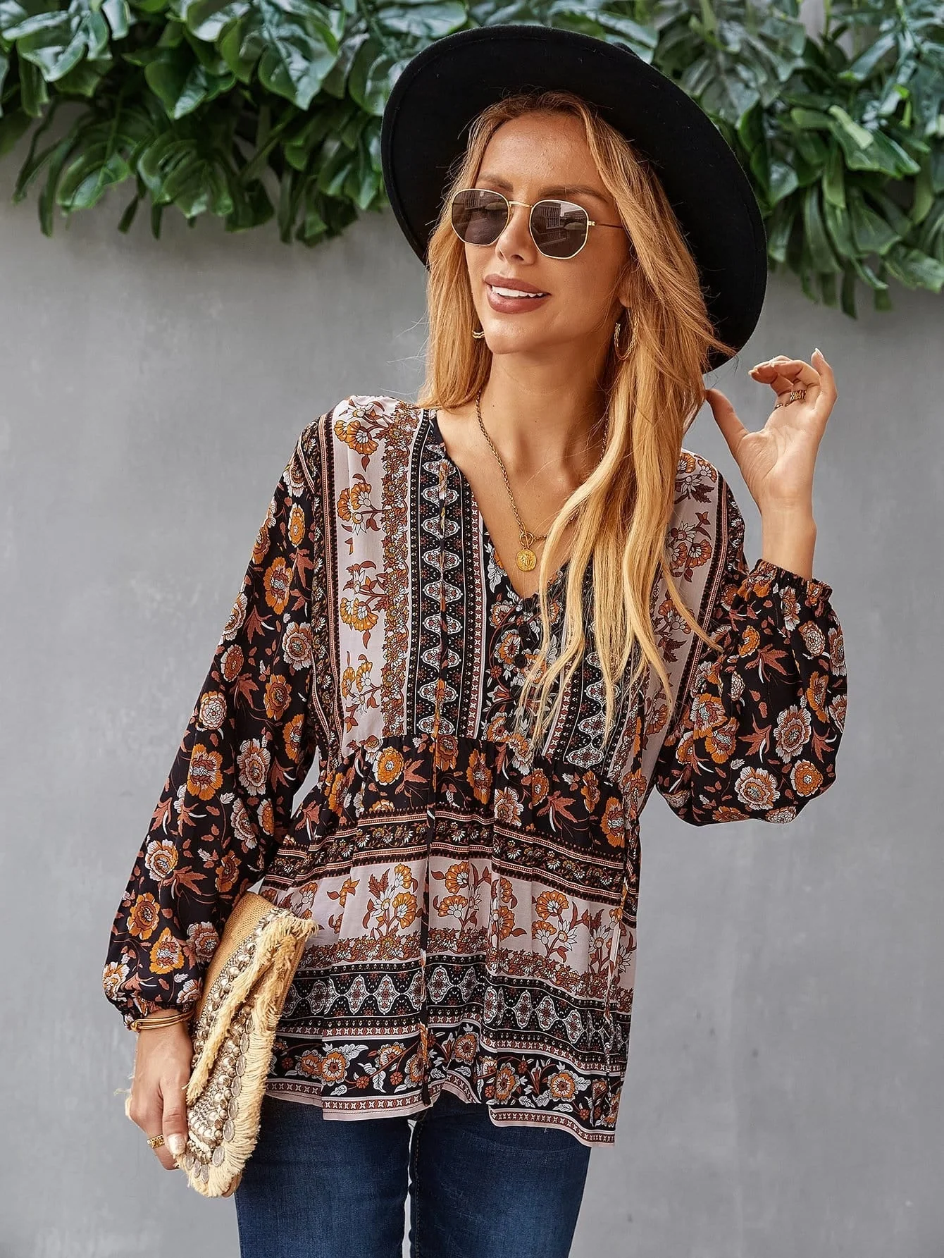 V Neck Boho Floral Blouse - Image 2