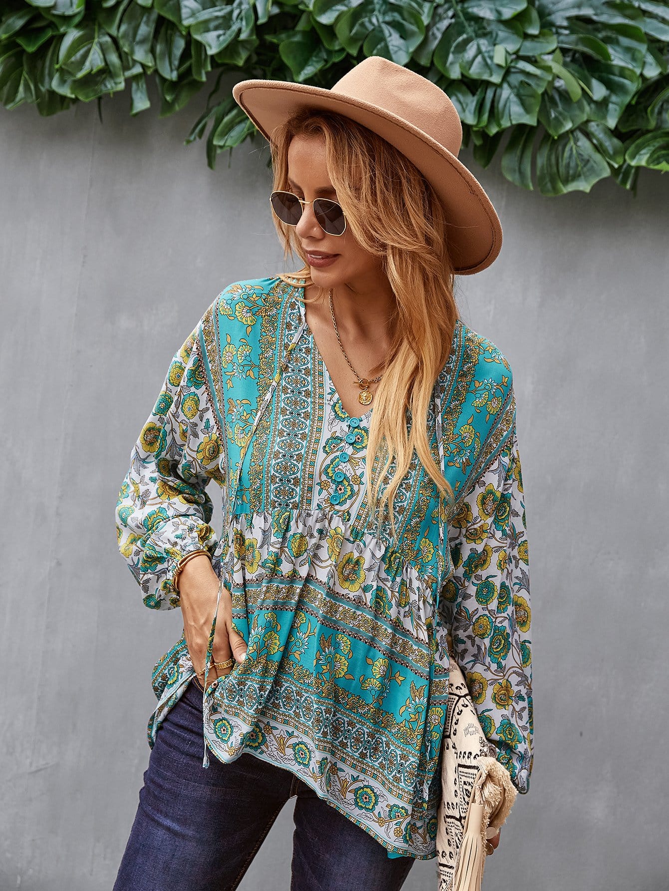V Neck Boho Floral Blouse - Image 21