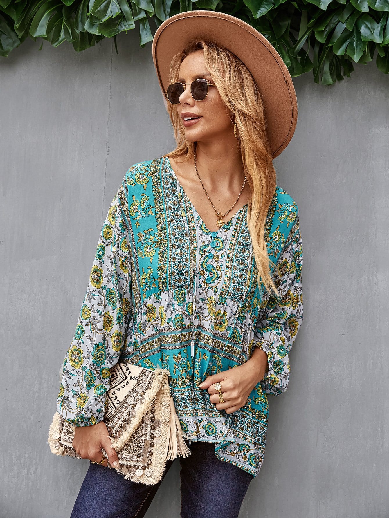V Neck Boho Floral Blouse - Image 22