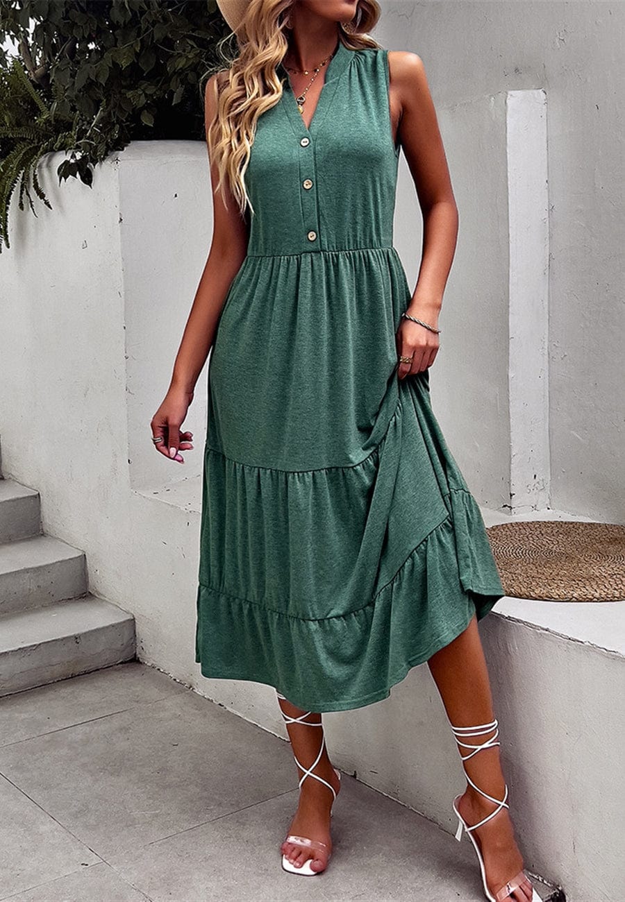 V Neck Button Tiered Dress - Image 4