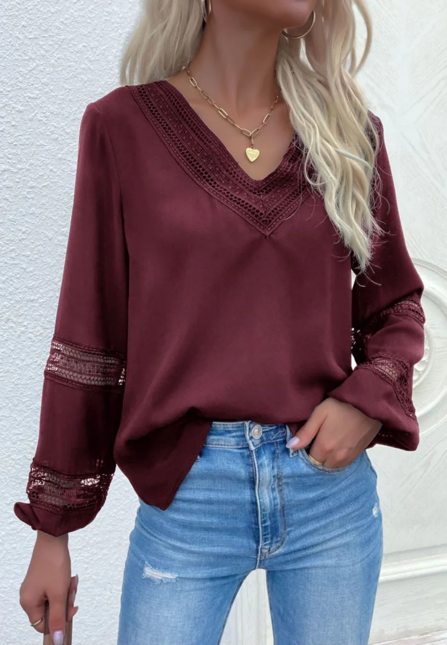 V Neck Crochet Detail Blouse - Image 10