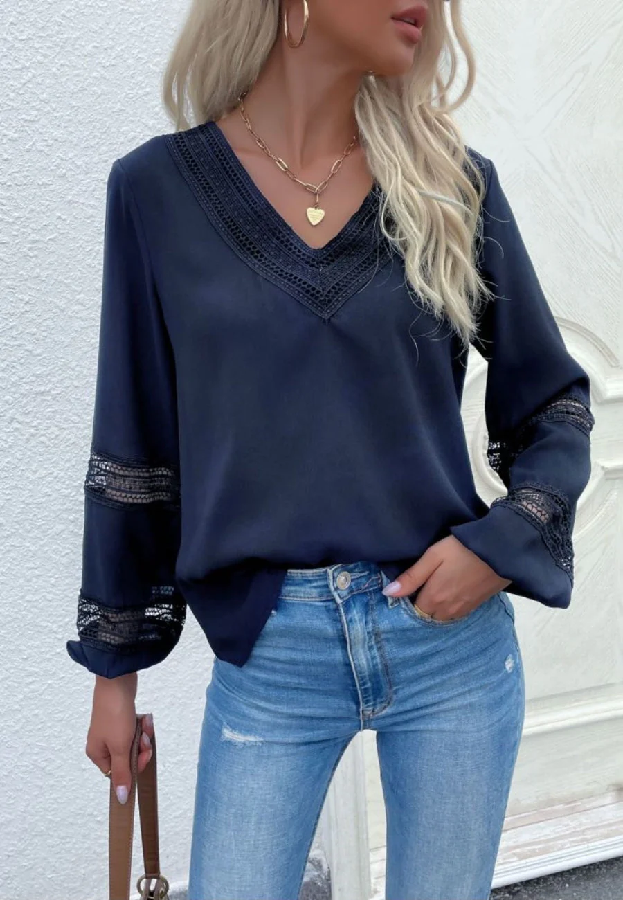 V Neck Crochet Detail Blouse - Image 17
