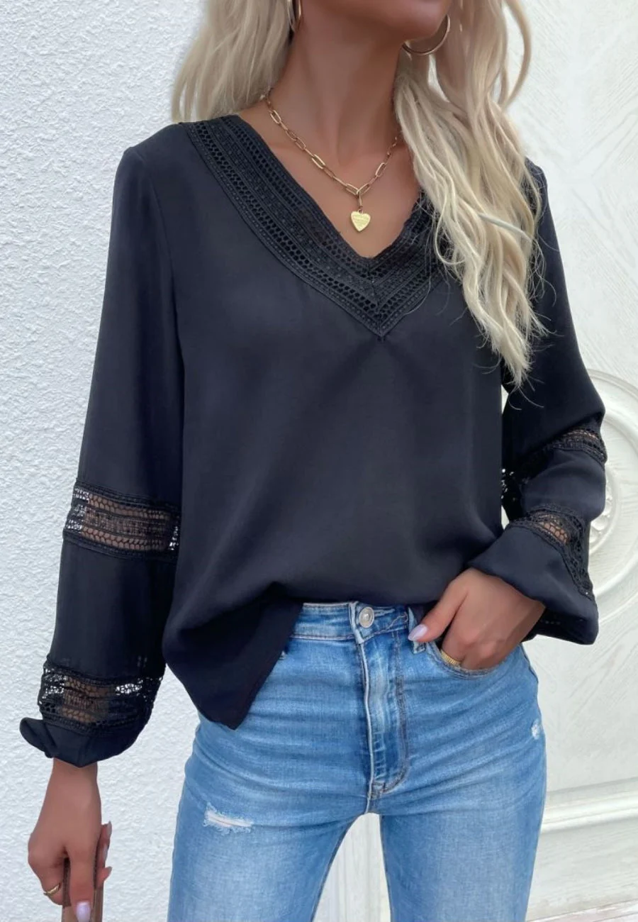 V Neck Crochet Detail Blouse - Image 2