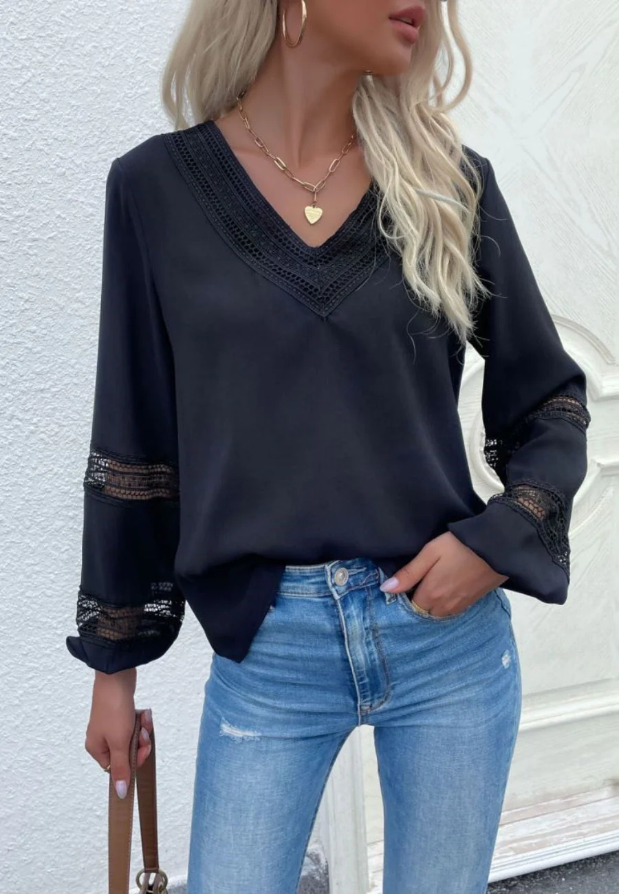 V Neck Crochet Detail Blouse - Image 5