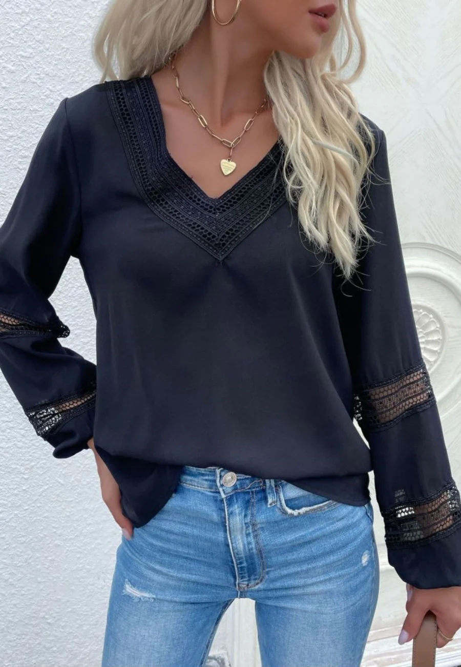 V Neck Crochet Detail Blouse - Image 6