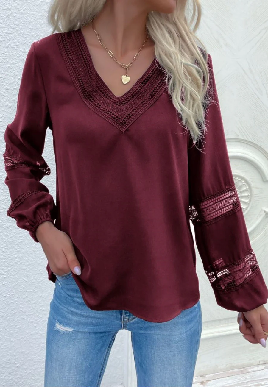V Neck Crochet Detail Blouse - Image 8