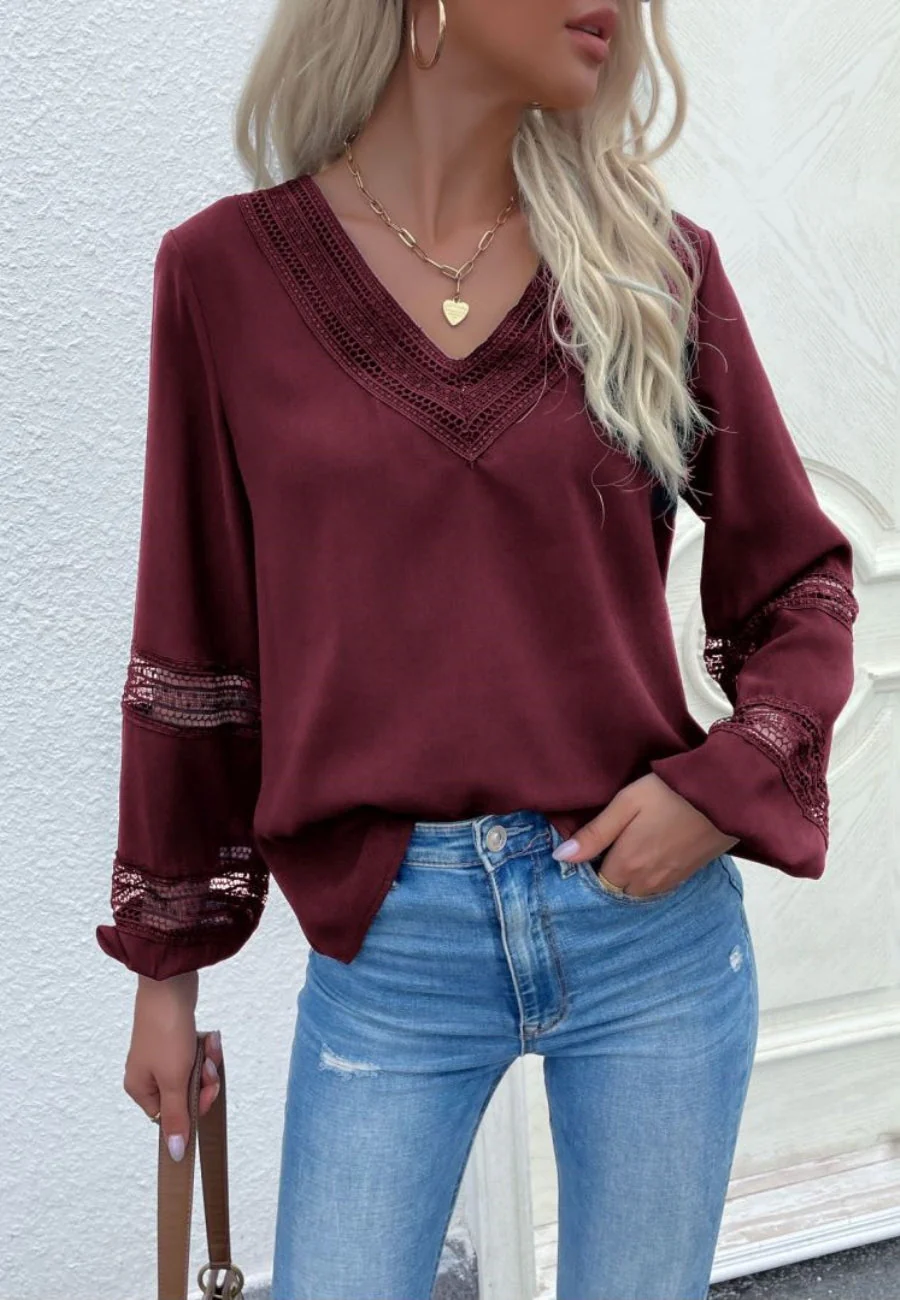 V Neck Crochet Detail Blouse - Image 9