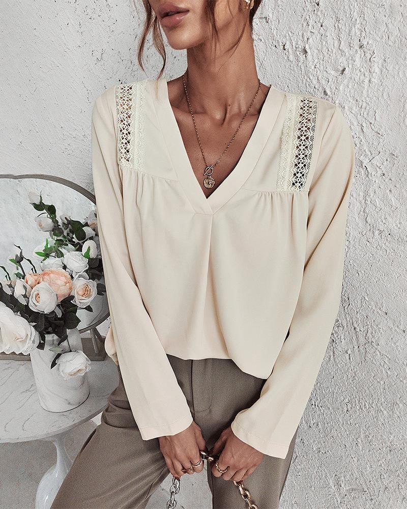 V Neck Crochet Lace Shoulder Blouse - Image 3
