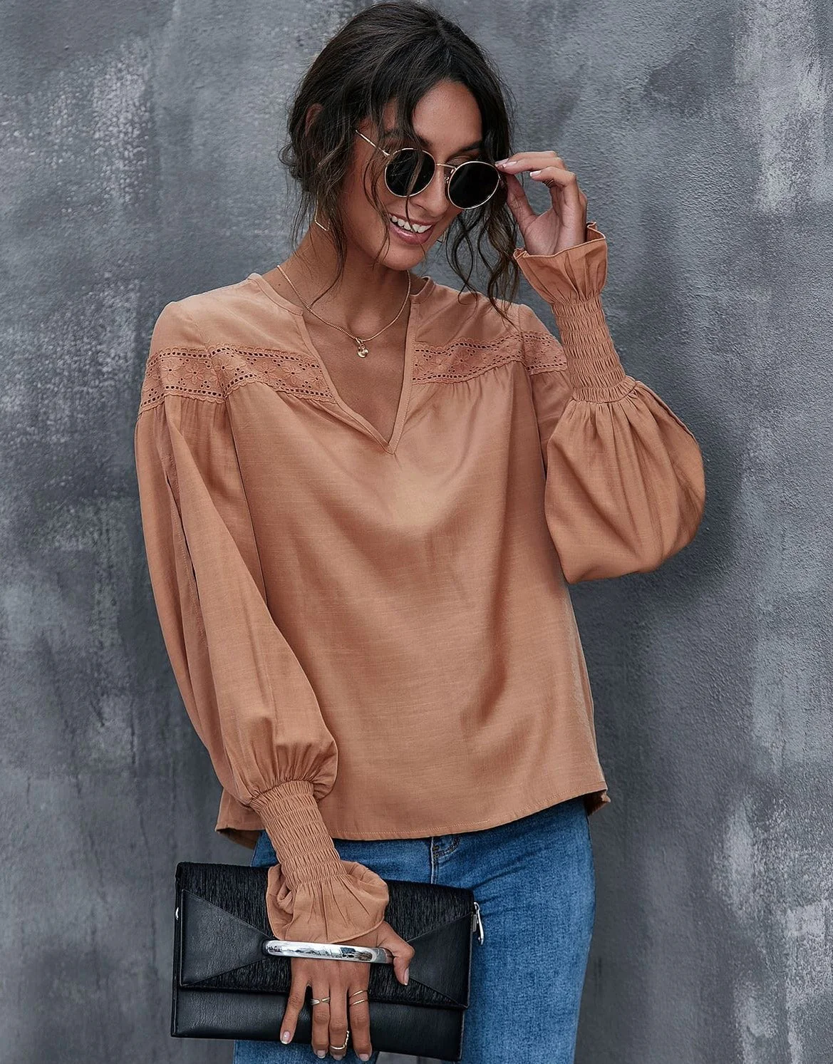 V Neck Eyelet Detail Blouse
