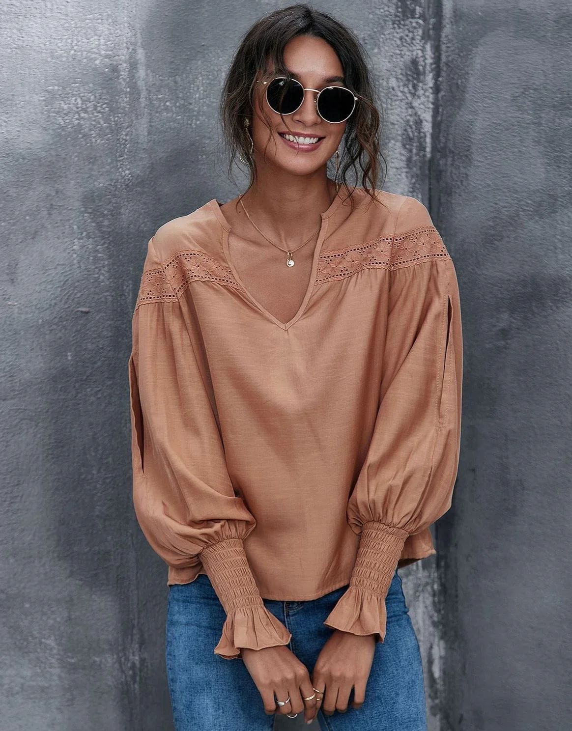 V Neck Eyelet Detail Blouse - Image 2