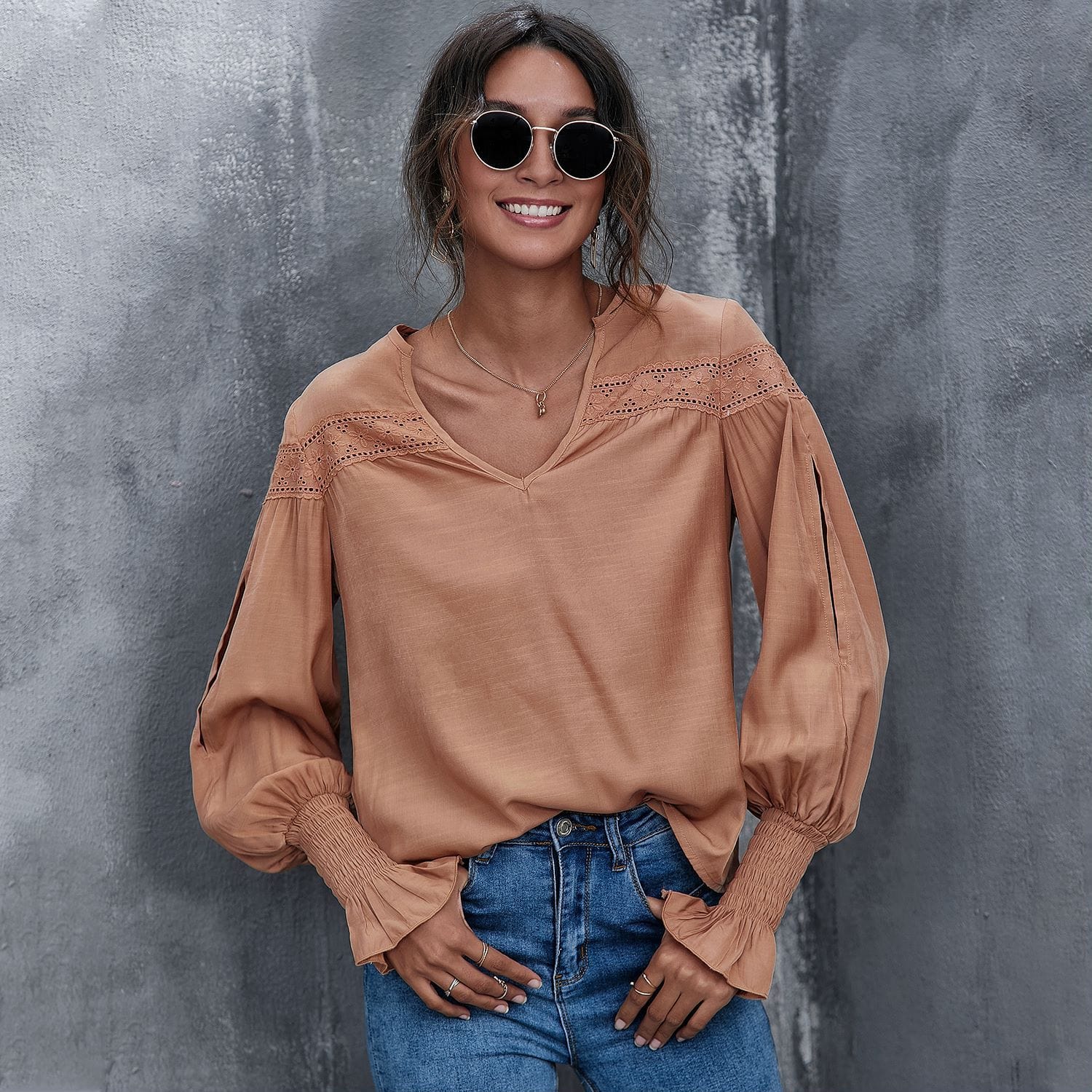 V Neck Eyelet Detail Blouse - Image 3