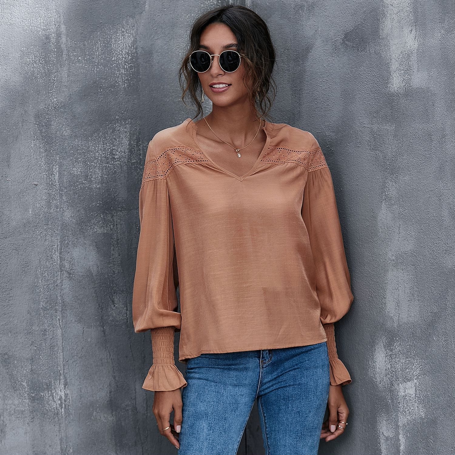 V Neck Eyelet Detail Blouse - Image 4