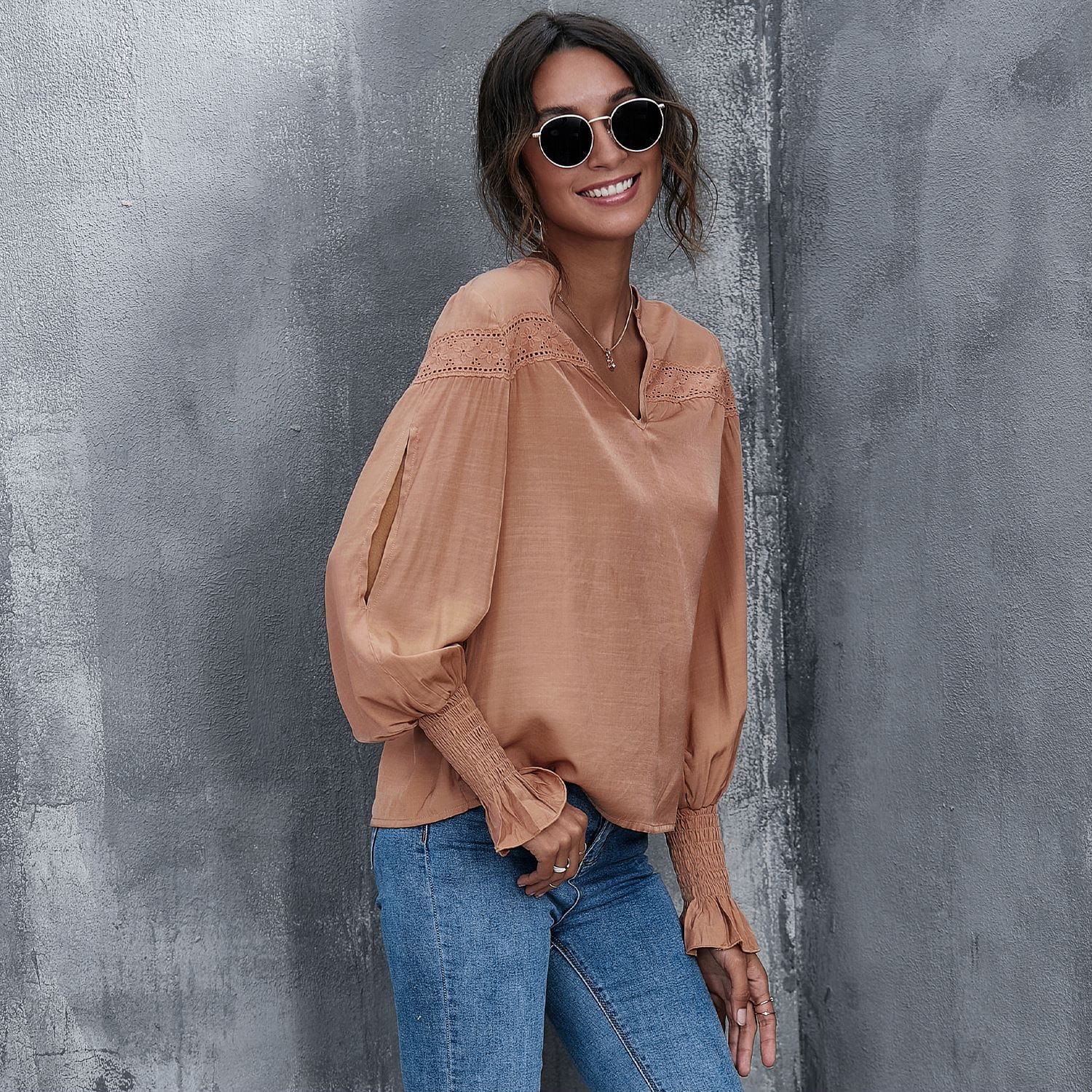 V Neck Eyelet Detail Blouse - Image 5