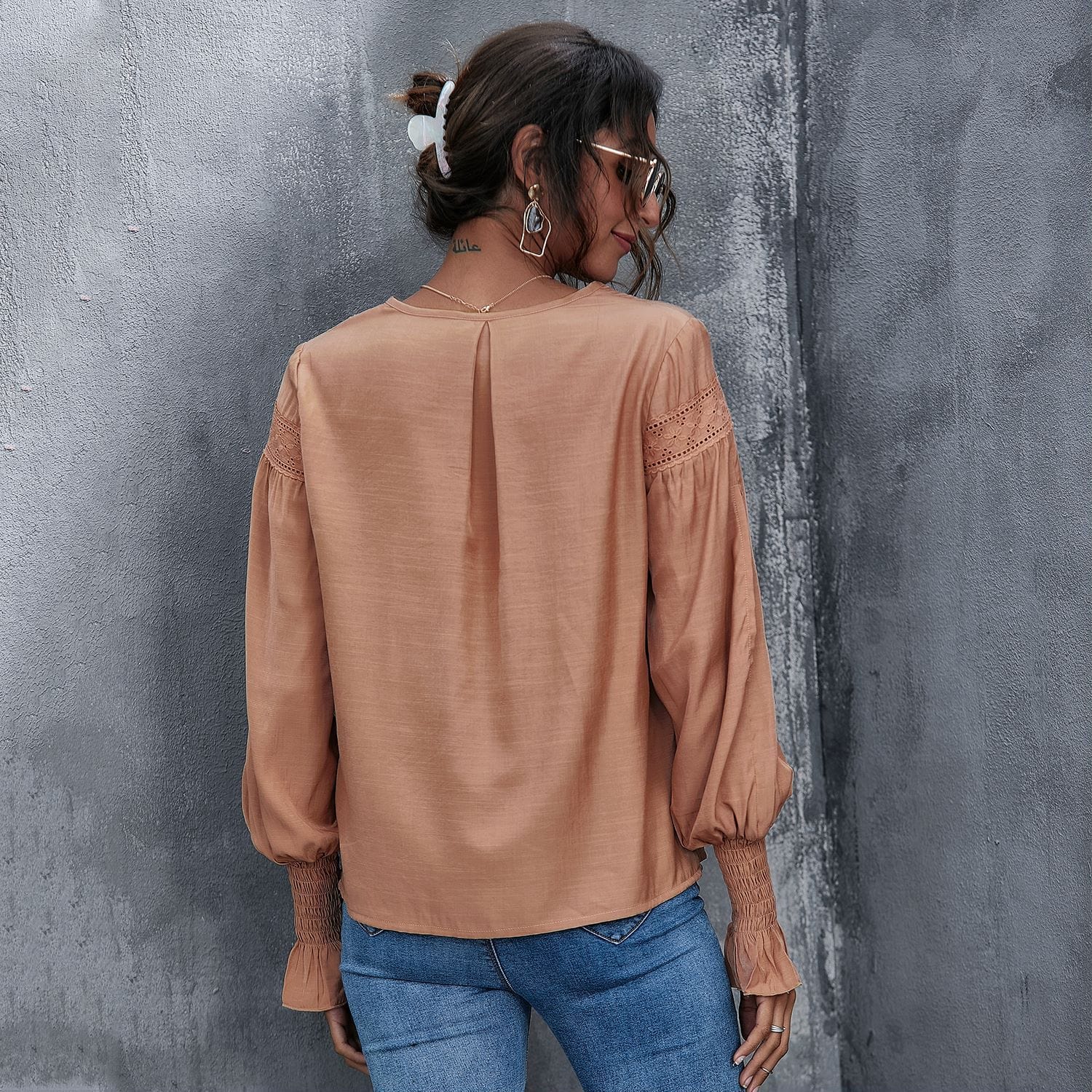 V Neck Eyelet Detail Blouse - Image 6