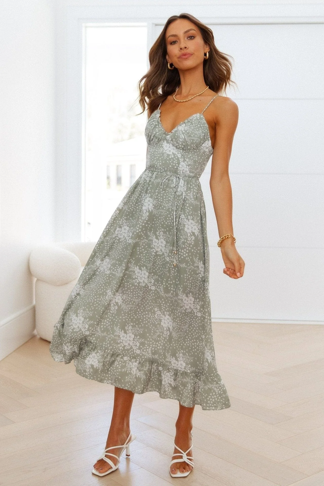 V Neck Floral Print Midi Dress - Image 2