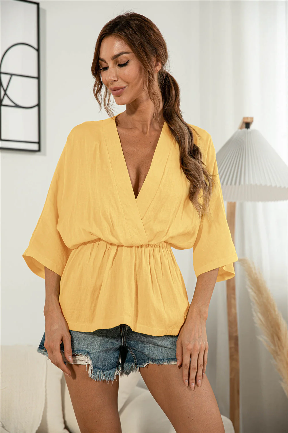 V-Neck Gathered Sunrise Blouse - Image 3