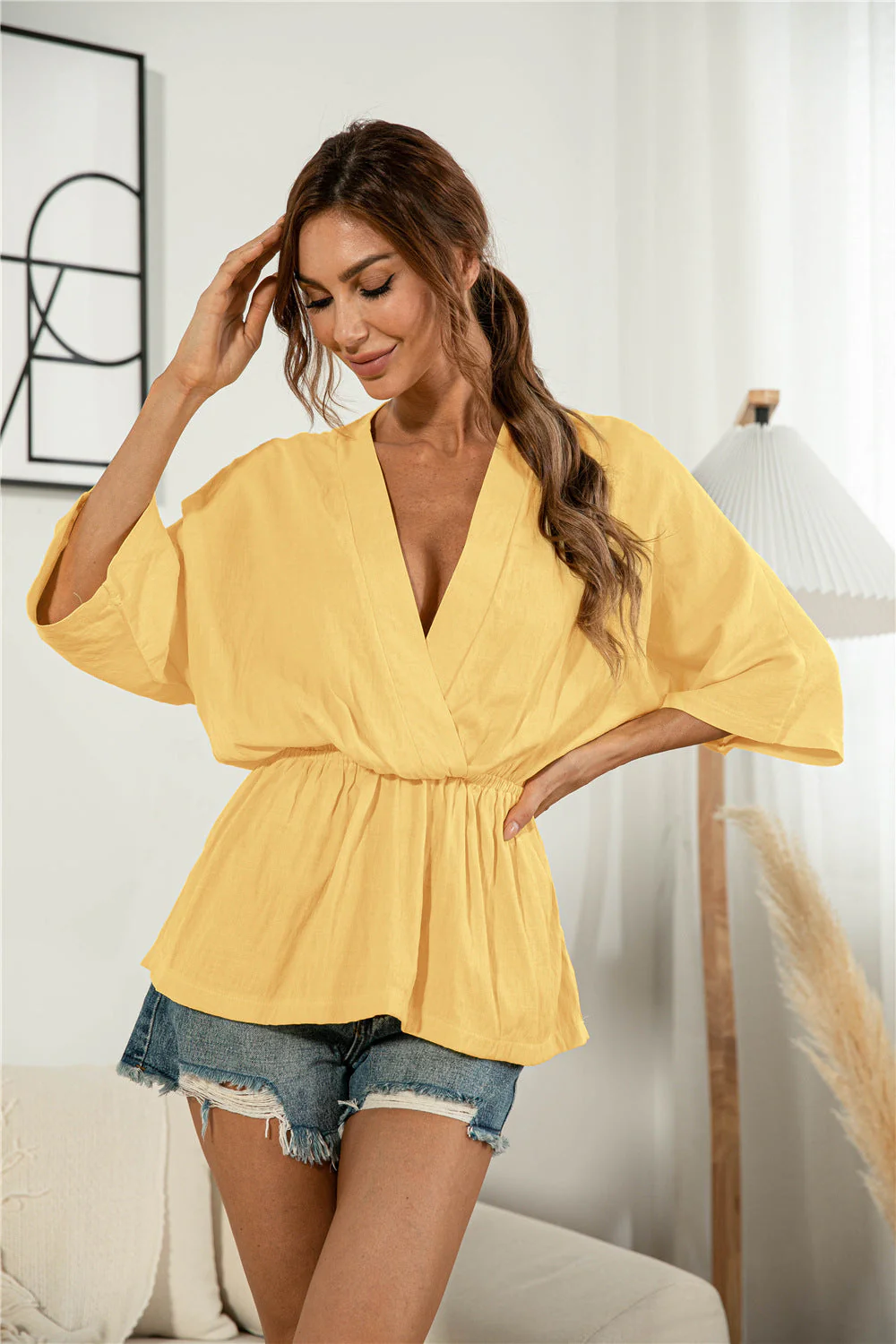 V-Neck Gathered Sunrise Blouse - Image 4